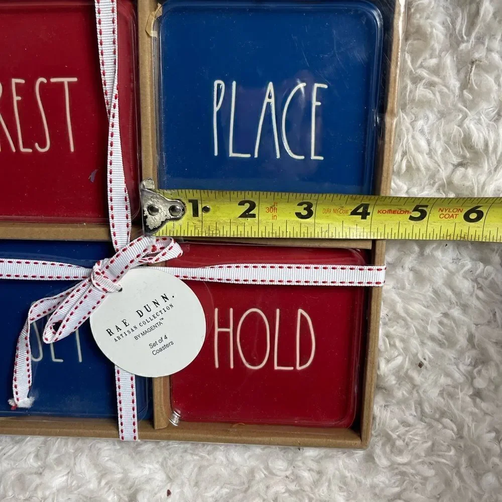 New in box Rae Dunn Ceramic Red & Blue Rest, Place, Stay, Hold Coasters .